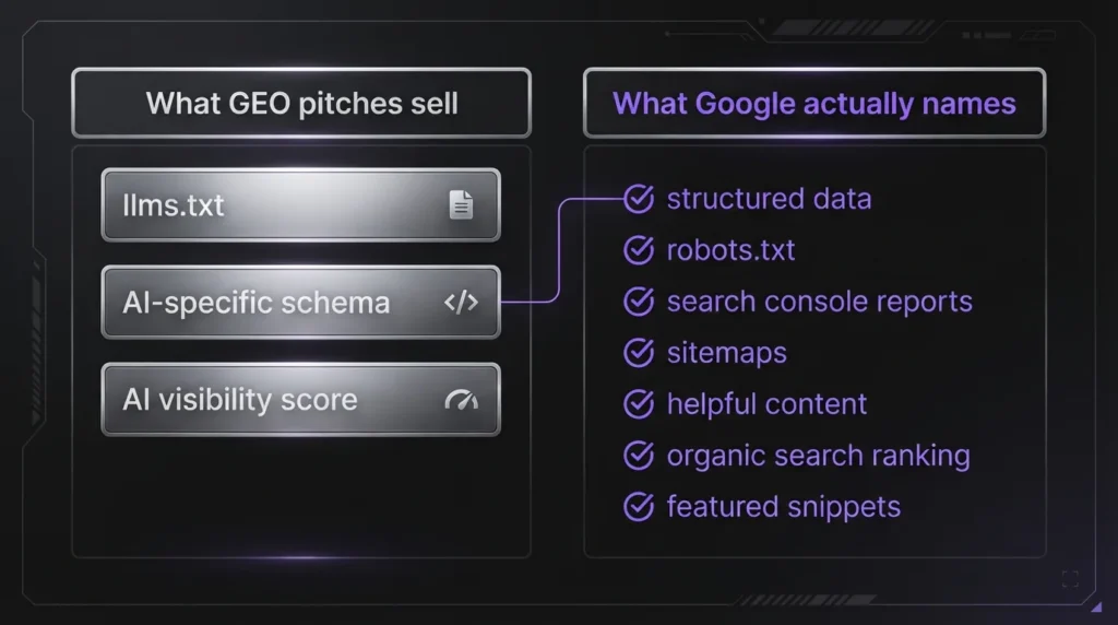 Comparison chart of GEO retainer pitches against Google's named AI Overview requirements