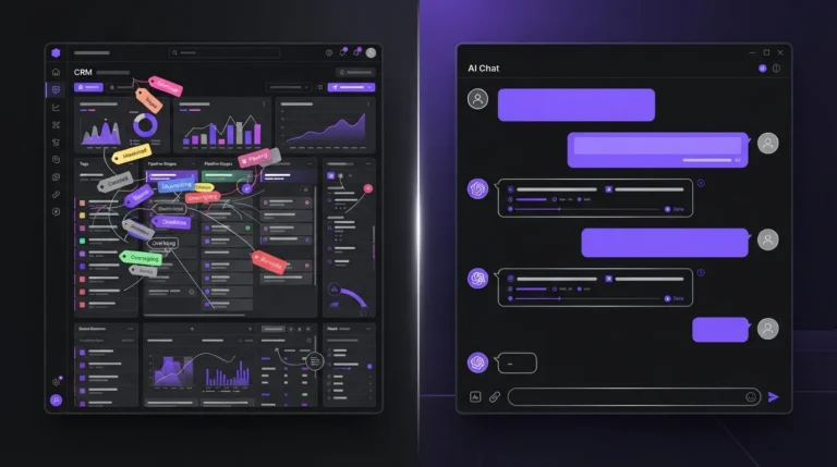 Small business owner comparing messy CRM data with an AI sales agent chat