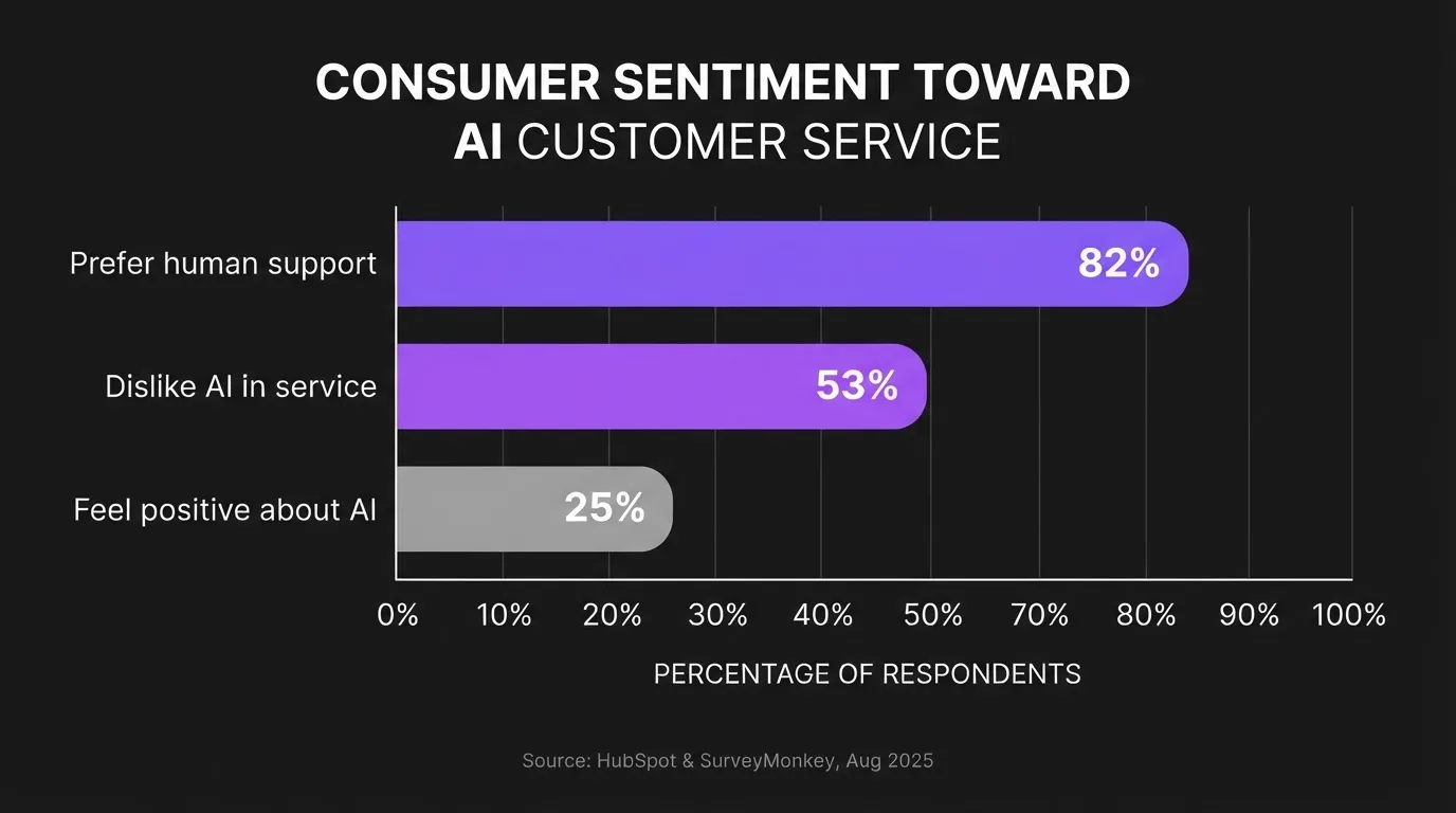 Bar chart of consumer sentiment toward AI customer service, HubSpot SurveyMonkey 2025 data