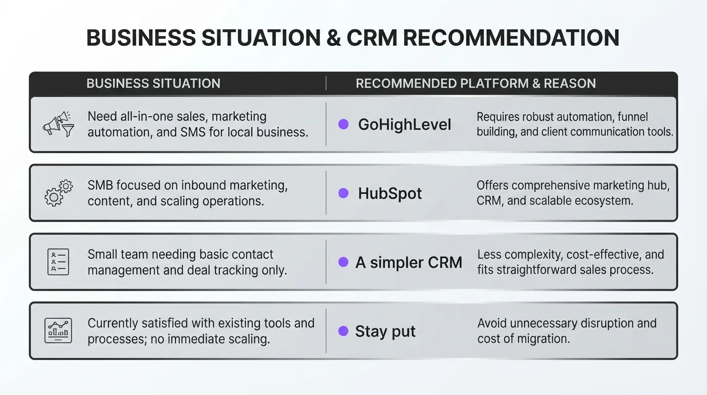 Chart comparing when to choose GoHighLevel, HubSpot, a simpler CRM, or staying on the current tool