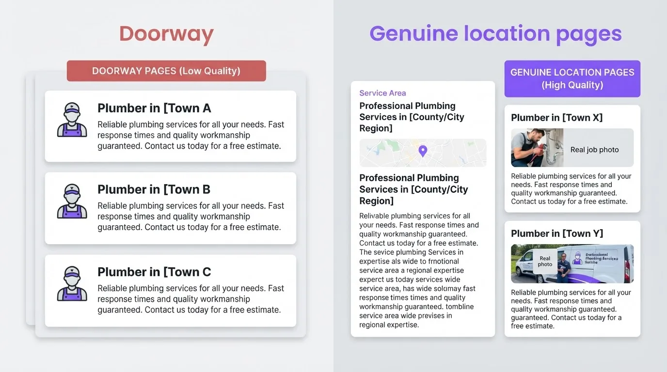 Comparison of templated doorway city pages versus genuine location pages for a local business