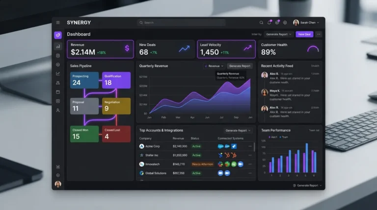 CRM dashboard interface showing connected business systems with pipeline cards and analytics