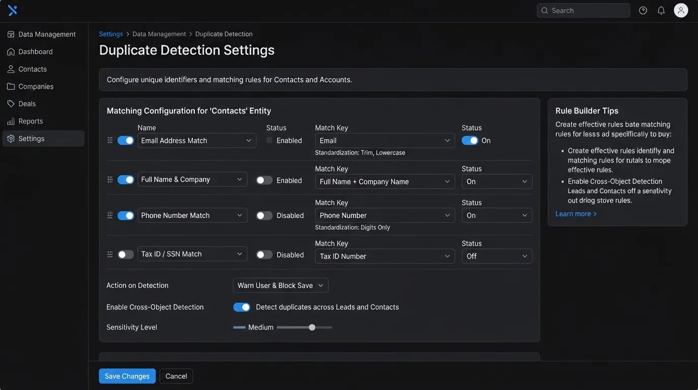 CRM duplicate detection settings showing the unique identifier field used to match contacts
