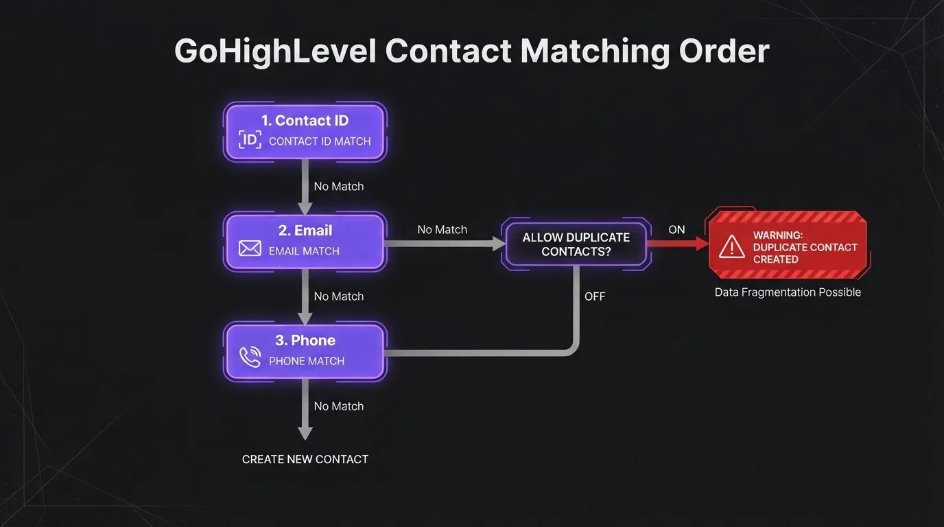 Decision tree of GoHighLevel's contact matching order during CRM import