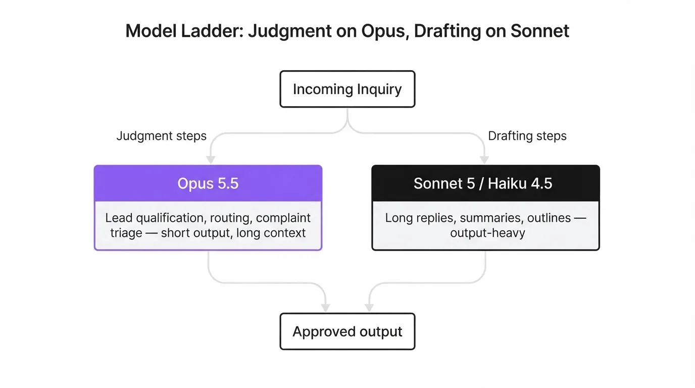 Diagram splitting an AI workflow between Opus for judgment and Sonnet for drafting