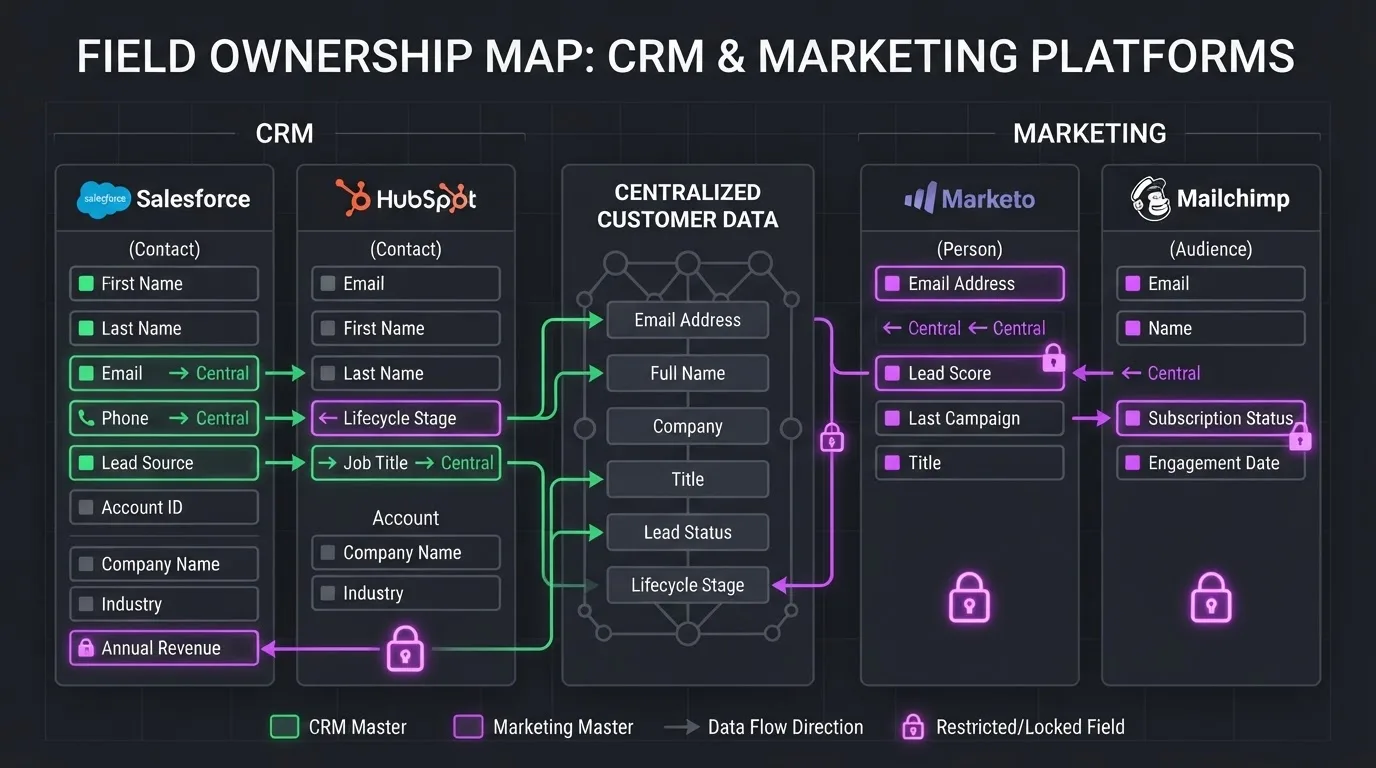 Field ownership map showing which system writes each CRM field and which fields are locked