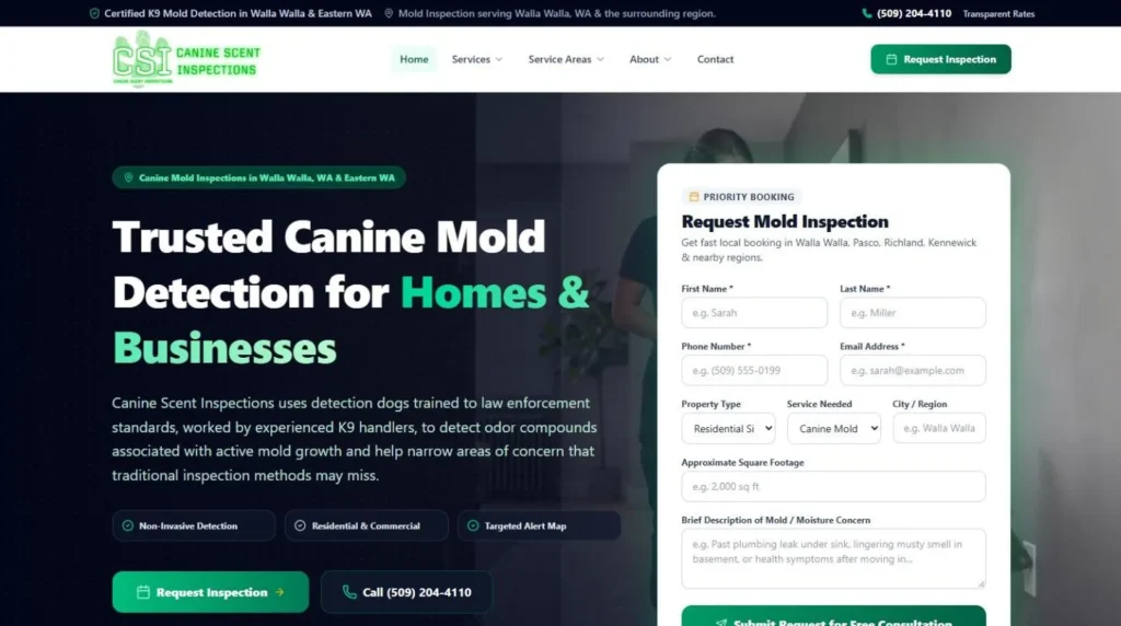 Canine Scent Inspections homepage built in GoHighLevel AI Studio with a mold inspection request form in the hero