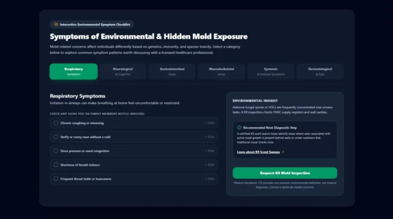Interactive mold exposure symptom checklist with category tabs on the Canine Scent Inspections website