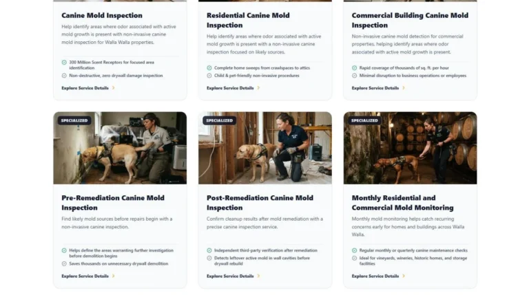 Service cards for canine mold inspection, pre and post remediation checks and mold monitoring on the Canine Scent Inspections website