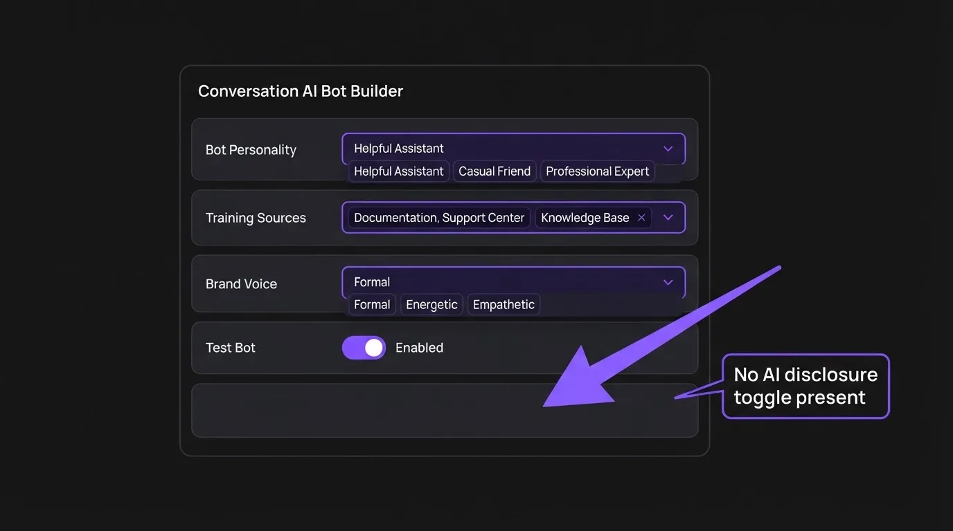 GoHighLevel Conversation AI setup screen with no AI disclosure toggle visible