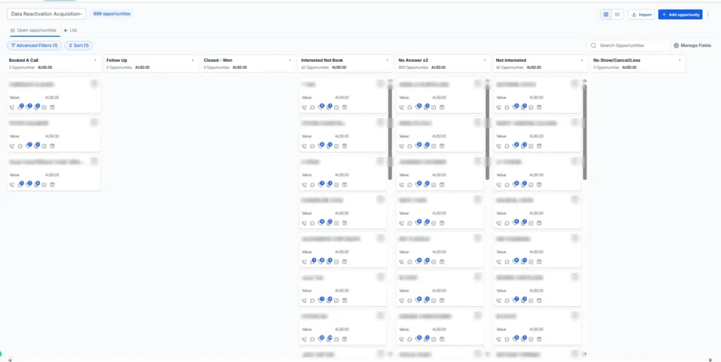 GoHighLevel data reactivation pipeline with contacts moved between stages by AI call outcome