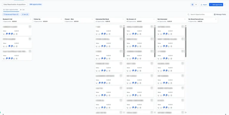 GoHighLevel opportunity pipeline with stages for booked calls, interested not booked, no answer, not interested and no show, contact names blurred