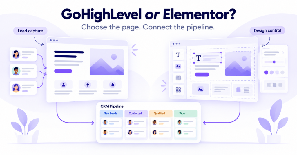 GoHighLevel and Elementor website approaches connected to the same CRM lead pipeline