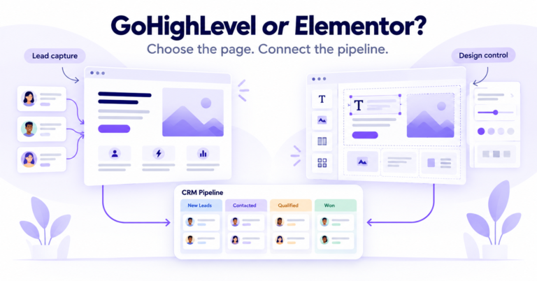 GoHighLevel and Elementor website approaches connected to the same CRM lead pipeline