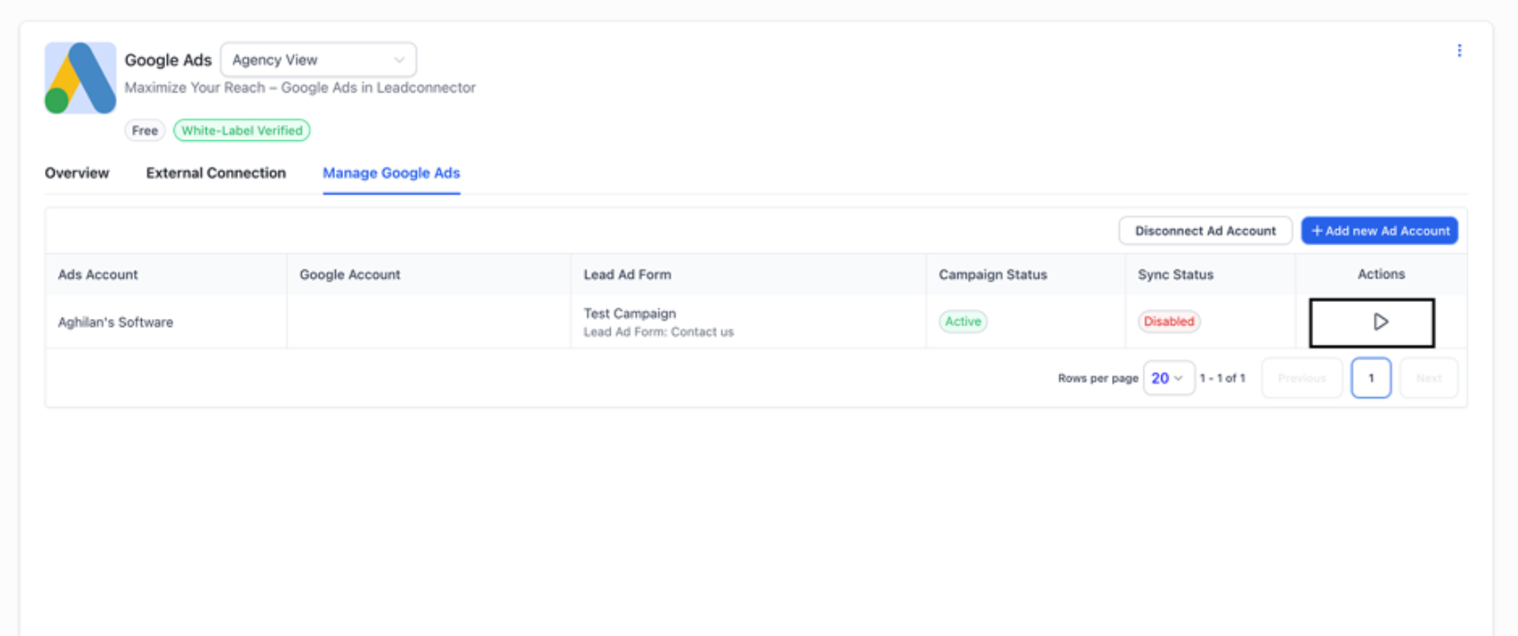 GoHighLevel Google Ads integration lists a lead form, campaign status, and sync controls