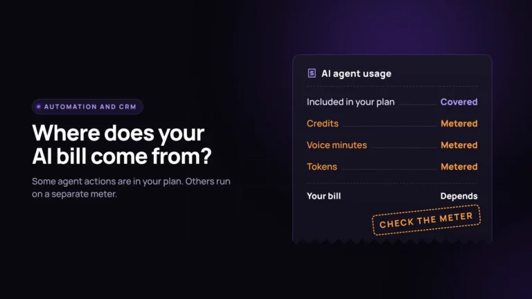 Receipt mockup of AI agent usage: some actions covered by your plan, others billed on separate meters such as credits, voice minutes, or tokens