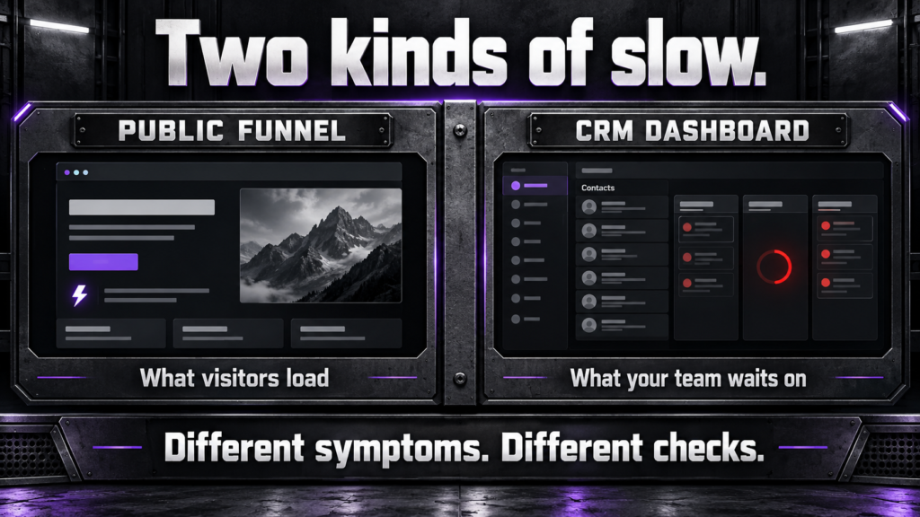 Industrial split diagram contrasts public funnel page speed with GoHighLevel CRM dashboard lag