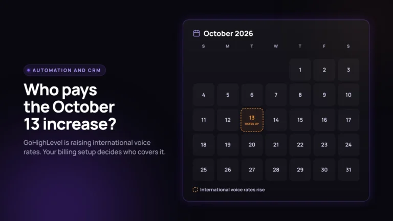 October 2026 calendar with the 13th flagged as the day GoHighLevel international voice rates rise