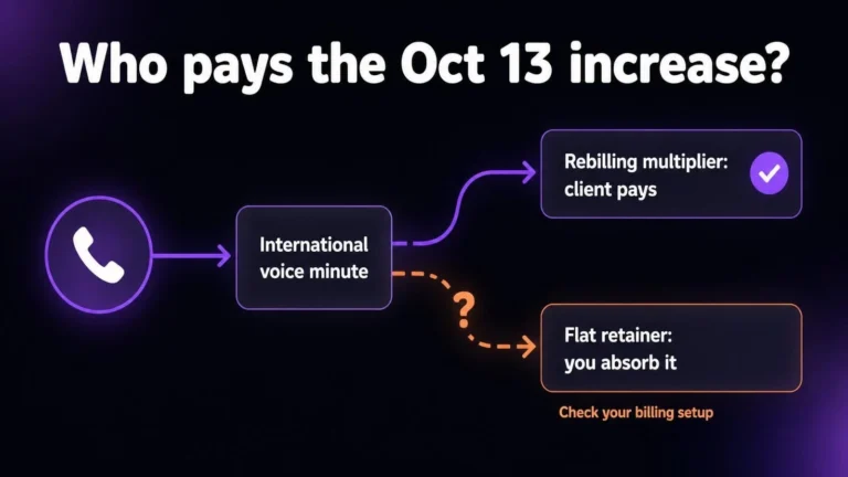 Flow diagram: an international voice minute either passes to the client through a rebilling multiplier or is absorbed by the agency under a flat retainer