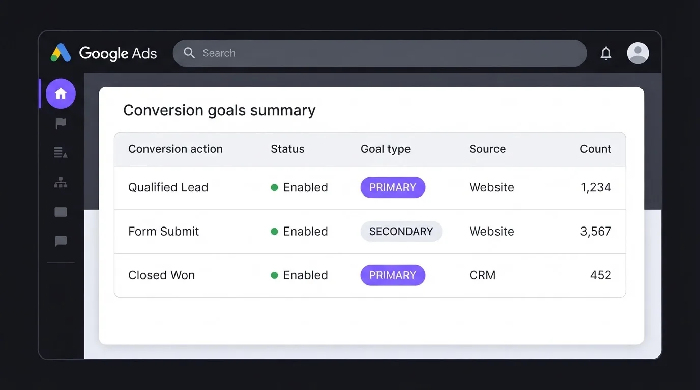 Google Ads conversion goals with qualified lead primary and form submission secondary