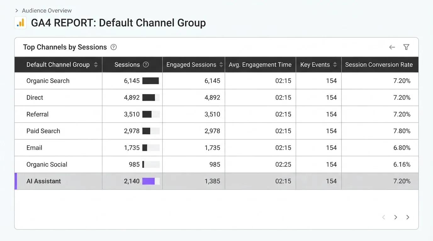 Google Analytics 4 default channel report showing the new AI Assistant channel row