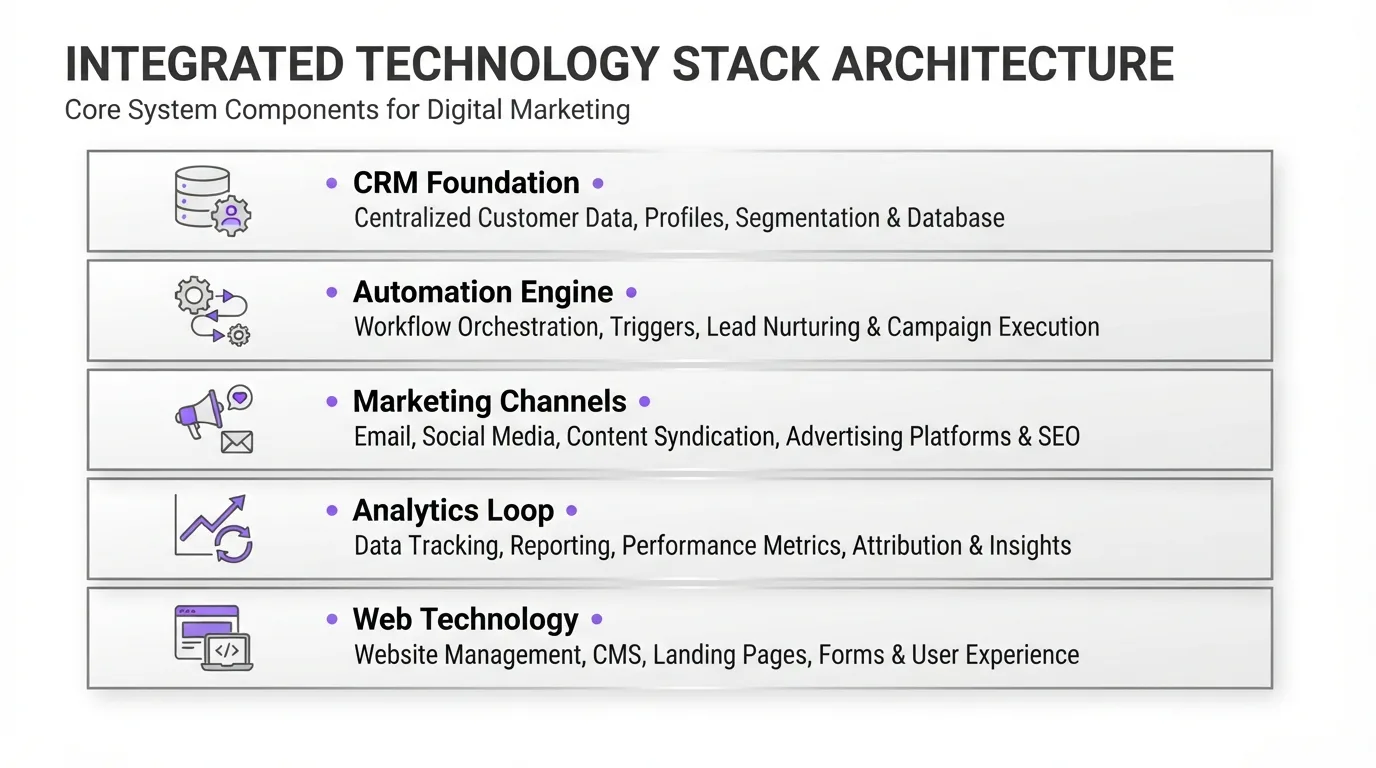 Infographic showing five horizontal technology layers stacked vertically in a connected growth system