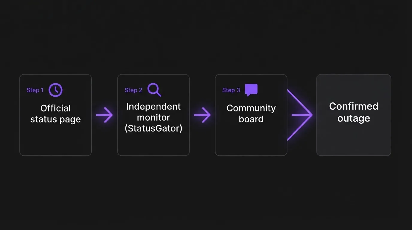 Three step flow diagram for checking a GoHighLevel outage across three sources