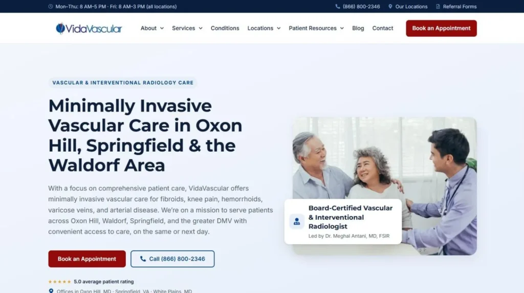 Homepage of a vascular care practice website built in WordPress and Elementor