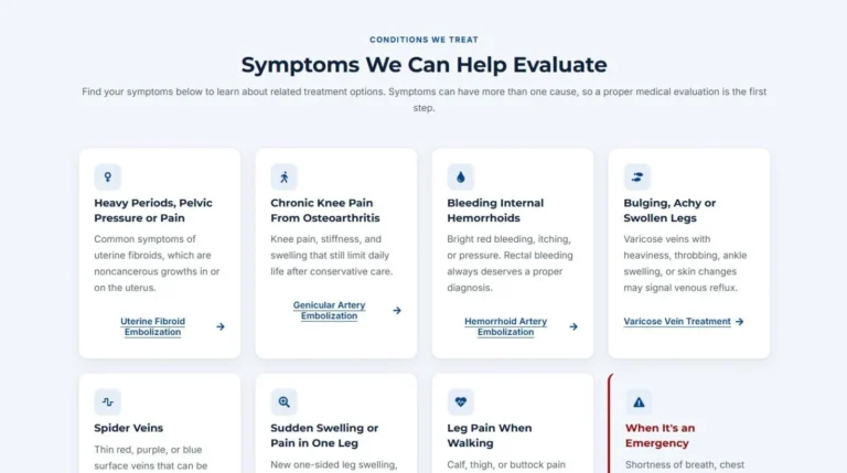 Symptom cards linking patients to related vascular treatments on the VidaVascular website